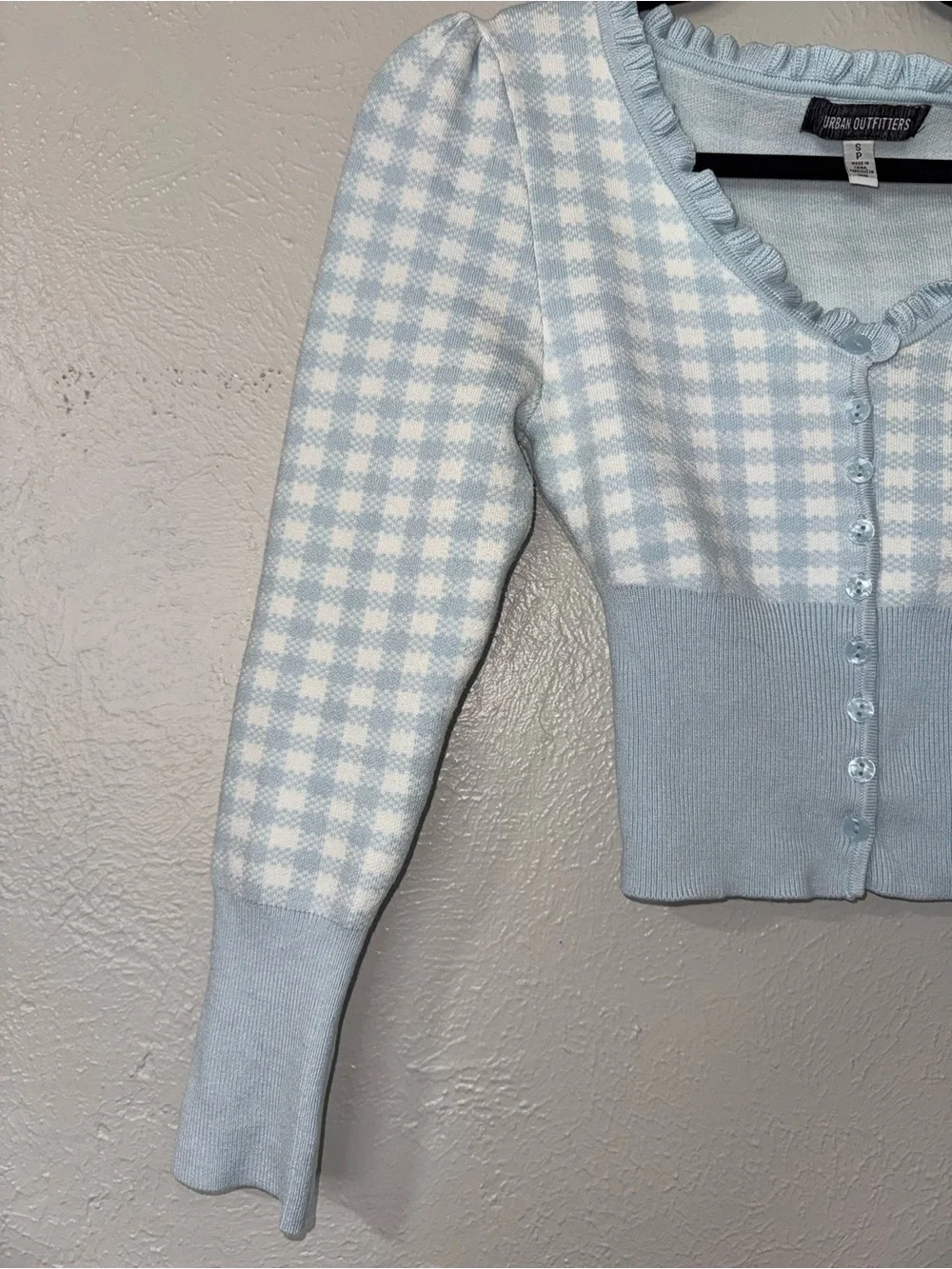 Urban Outfitters Light Blue Gingham Ruffle Trim Cardigan Cottage Core